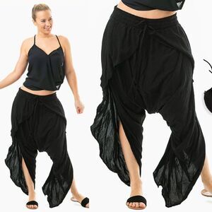 BUDDHA Solid Black Flap Harem Open On Side Bohemian Unisex Pants Medium
